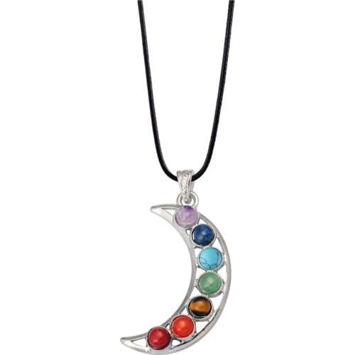 Moon Shape Leather Chains 7 Chakra Stone Beads Yoga Pendant Sports Charm Necklaces