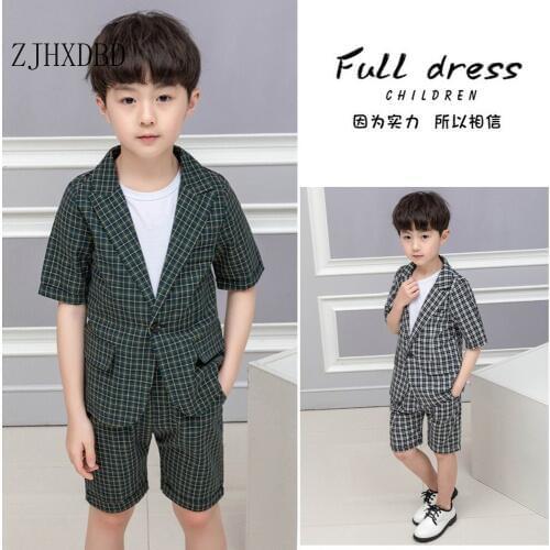 Summer Childrens Clothing Boy Plaid Small Suit Blazers Children Short-sleeved Shorts Suit Two-piece Sets Green Handsome Costume