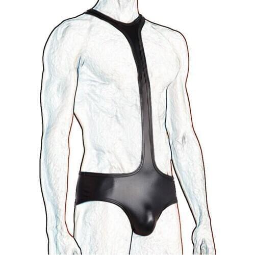 M-XXL Men Wet Look Faux Leather Bodysuit Sexy Backless One-piece Wrestling Singlet Exotic Jockstrap Underwear Novelty Leotard