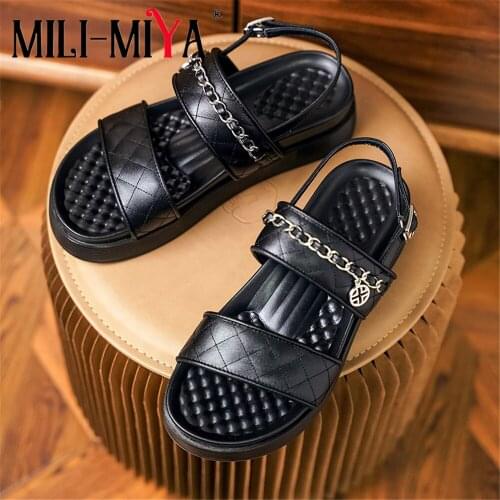 MILI-MIYA Platform Sandals Women Metal Chain Decoration Round Toe Summer Casual Ladies Ankle Strap Outdoor Handmade Shoes Black