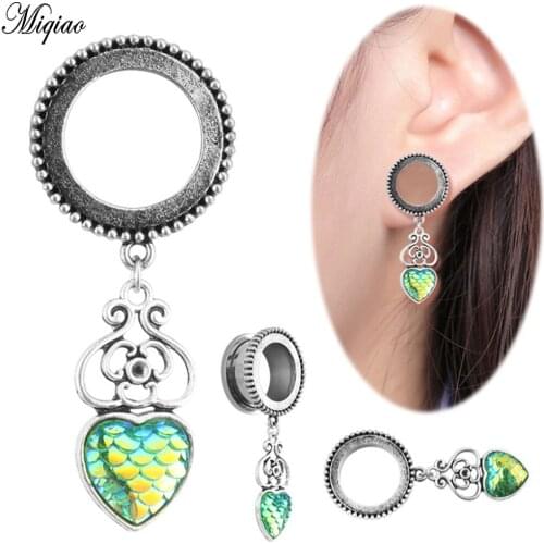 Miqiao 2pcs Fashion Love Green Fish Scale Pendant Stainless Steel Pulley Ear Expander 6mm-20mm Exquisite Body Piercing Jewelry