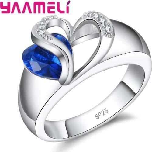 Fshion Wedding Engagement Ring Elegant Blue Crystal White Heart Ornament 925 Sterling Silver Cubic Zirconia For Wife