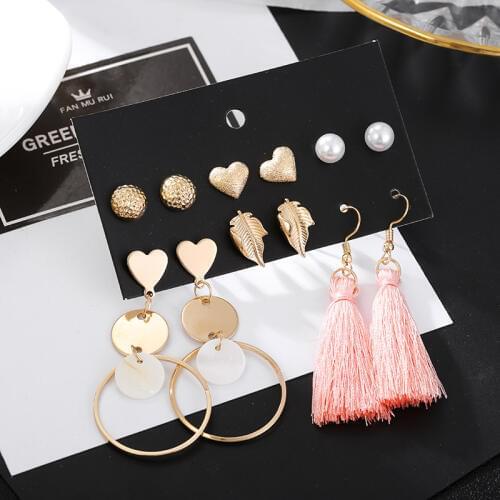 Fashion long tassel golden round circle hanging dangle drop earrings golden heart leaf simulated pearl earrings set for women