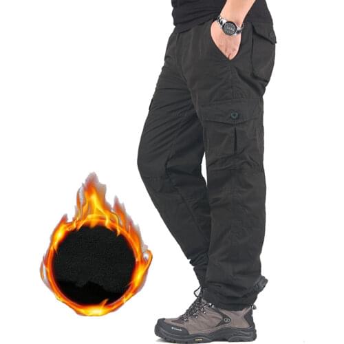 Mens Winter Thicken Fleece Cargo Pants Double Layer Straight Pants Men Casual Cotton Military Tactical Baggy Pant Warm Trousers