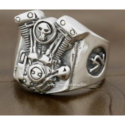 V2 Skull Motorcycle Engine 925 Sterling Silver Mens Biker Punk Ring 8Y009 US Size 7 to 14