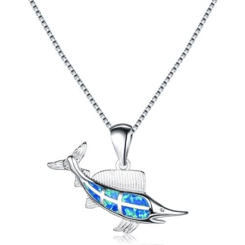 Cute Animal Shark Pendant Necklaces For Women 925 Sterling Silver Filled Ocean Blue Fire Opal Necklace Female Wedding Jewelry