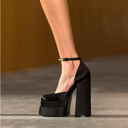Sexy Woman Black Silk Leather Square Toe Platform Super Heels Buckle Pumps Female Shallow Thick Sole Chunky Heels Dress Shoes