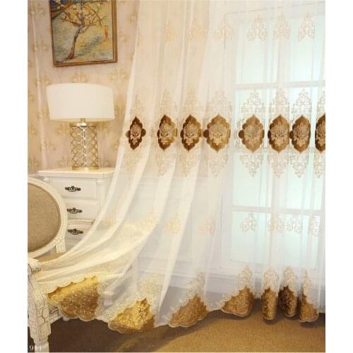 Luxury Embroidered Sheer Voile Curtains Window Drapes Cortina for Living Room bedroom Door Gold Lace Curtains Tulle Windows