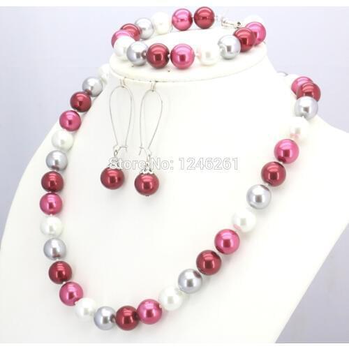 Christmas Gifts Girls 10mm Red&White&Silvercolor Glass Pearl Beads Necklace Bracelet Earrings Sets Women Jewelry Making Design