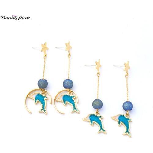 Banny Pink Cute Enamel Dolphin Stud Earrings For Girls Chic Alloy Star Pin Post Earrings Lovely Pendant Earrings