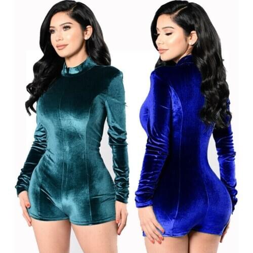 Sexy Clubwear Womens Bodysuit Short Pants Velvet Long Sleeve Night Party Casual