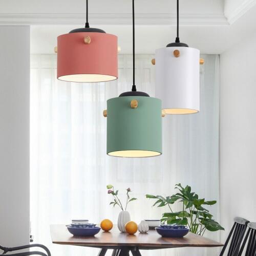Modern Macarons LED Iron Pendant Lights Creative Wood kitchen hanging lamp personality Restaurant Bar Living room light fixtures