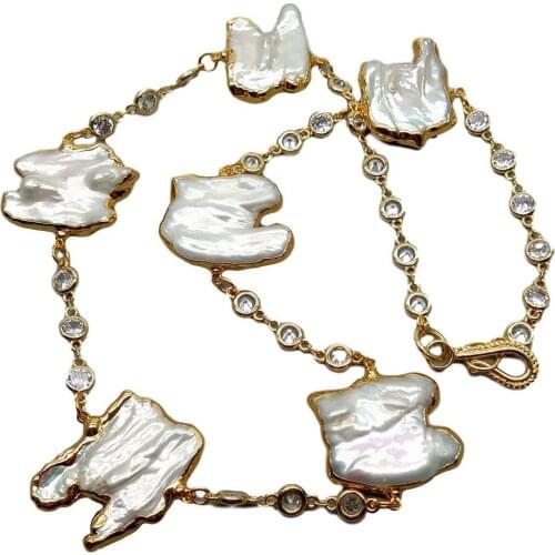 Y·YING Cultured White Keshi Pearl Cz Pave Chain Station Long Necklace 22