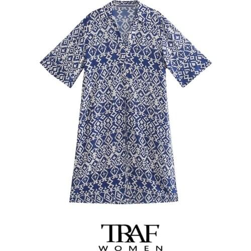 TRAF Za Women Chic Fashion With Buttons Printed Kaftan Long Blouses Vintage Short Sleeve Side Vents Female Shirts Mujer