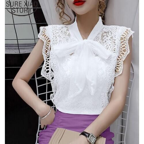 Sexy Hollow Out Blouses Women White Lace Shirts Short Sleeve Summer Korean Fashion Sleeveless 2020 Womens Tops and Blouses 9811