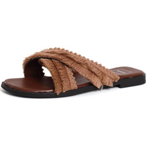 Women Shoes 2019 Summer Hot Nylon Upper Flat Slides Fringe Outdoor Casual Flat with Slippers Women