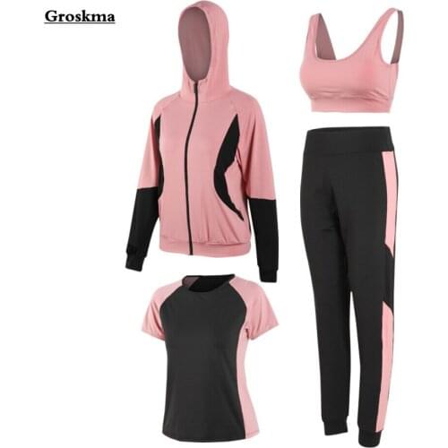 Hooded Coats+Bra+T Shirt+Pants Women Yoga 4 Piece Set Fitness Gym Quick Dry Outdoor Sportswear Running Clothing Training
