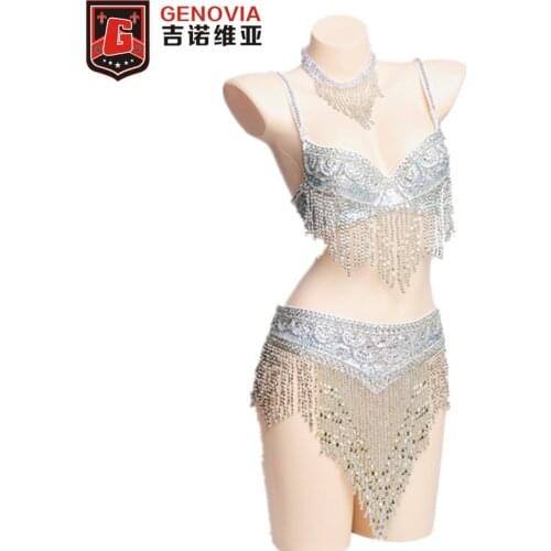 2019 Belly Dance Costume Clothes Oriental Bellydance Beaded Top Bra & Belt 3 Pcs Bras & Belt & Necklace Set Outfit Gold / Silver