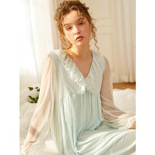 Spring Summer Womens Cotton Long Sleeve Nightgowns V-Neck Blue /Pink Royal Princess Gauze Elegant Lace Comfortable Long Dress