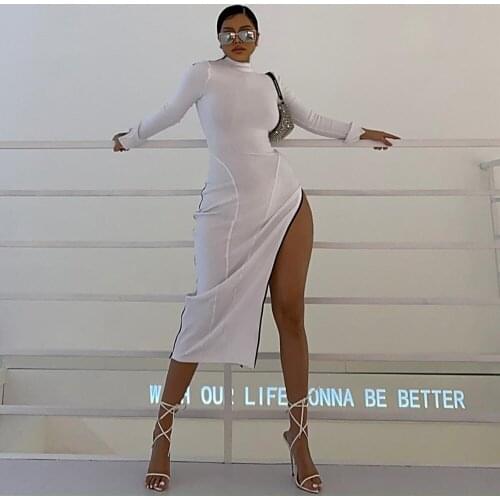 XLLAIS Ribbed White Party Zippers Cute Dresses Women Sexy Long Sleeve Split Tight Bodycon Slim Vestidos Good Qulaity Clothes