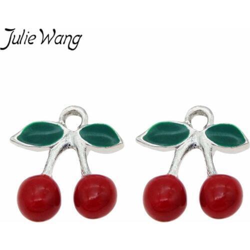 Julie Wang 10PCS Alloy Red Enamel Cherry Fruit Charms Necklace Pendant Earrings Findings DIY Jewelry Making Accessory