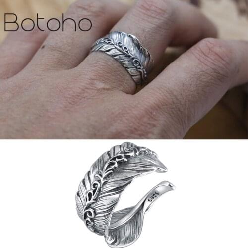 100% Real 925 sterling silver Feather Couple Ring Retro Women Open Rings Thailand Silver Mens Ring 2021 Jewelry