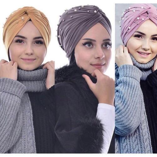 2020 Fashion Women Twist Hijab Caps Muslim Beading Turbante Mujer India Hat Hijabs Scarf Head Wrap Scarf Stretch Turban Bonnet