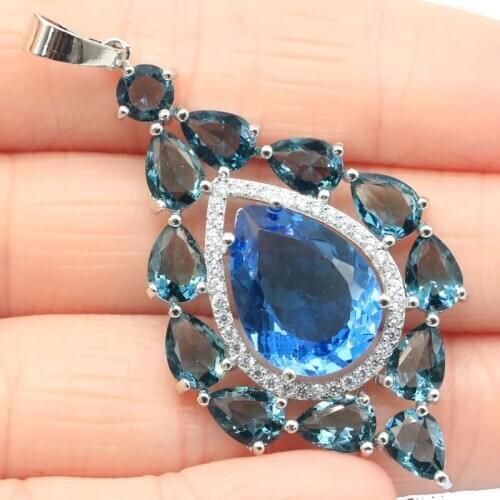 53x27mm Delicate Fine Cut Big 10g Created London Blue Topaz Rhodolite Garnet CZ For Women Dating Fine Jewelry Silver Pendant