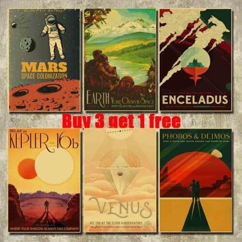 Abstract Space Travel Collection Poster Art Painting Retro Kraft Paper Posters Wall Pictures for Living Room Bar Decor