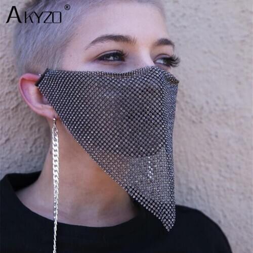 Sparkly Rhinestone Crystal Mask Adjustable Chain Metal Masquerade Ball Party Nightclub Face Necklace Venetian Jewelry Masks