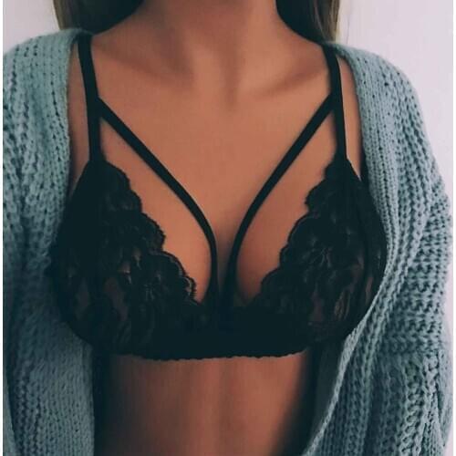 Sexy Womens Lace Hollow Strappy Push Up Bra Cage Crop Top Bustier Ladies Solid Color Unlined Seamless Bra #T1P