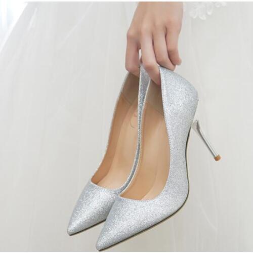 Carpaton Silver Glitter Embellished Wedding Shoes 2019 Sexy Pointed Toe High Heel Shoe Big Size 41 Party Dress Heels Champagne