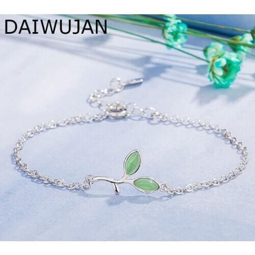 DAIWUJAN Korean Ins 925 Silver Bracelet Female Small Fresh Green Cat Eye Leaf Single Chain Bracelets For Women Wedding Jewelry