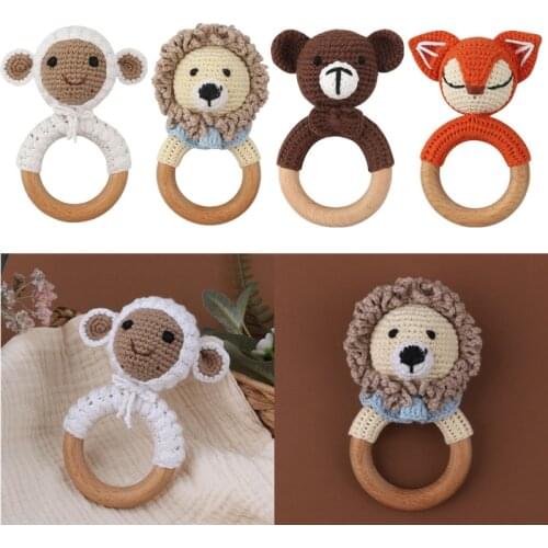 DIY Crochet Cartoon Animal Baby Rattle Toys BPA-free Baby Teether Newborn Wooden Teething Ring Infant Nursing Soother Molar Toys