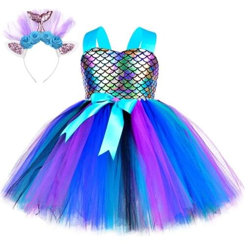 Little Mermaid Dress Girls Princess Tutu Dress Birthday Party Decoration Kids Halloween Carnival Mermaid Cosplay Costume Outfits