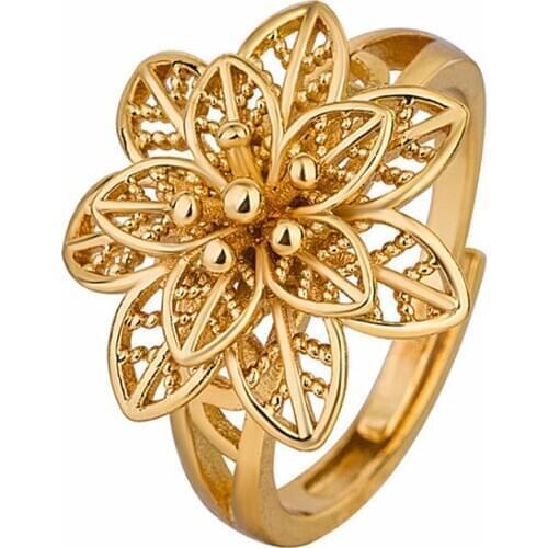 FYJS Unique Light Yellow Gold Color Alloy Flower Finger Ring for Elegant Women Jewelry