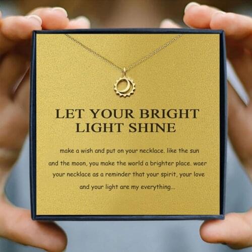 Icareu Bright Sun Glowing Night Moon Necklace Shine Round Wish Card Gold Chain Alloy Clavicle Short Simple Gift Box Jewelry 2021