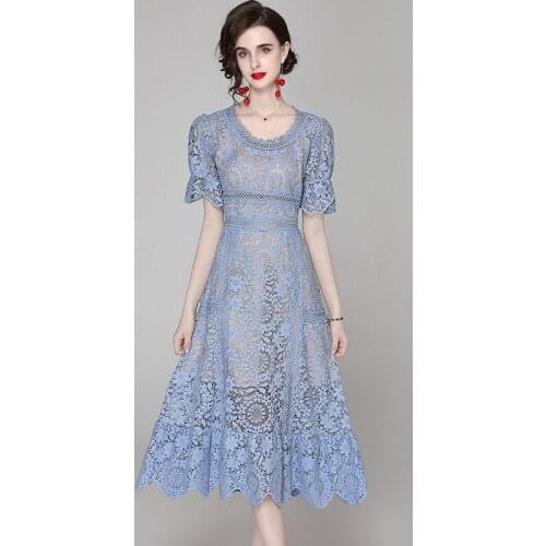Summer Runway Flower Embroidery Lace Hollow Out Dress 2021 Woman Vintage Short Sleeve High Waist Casual Party Dress