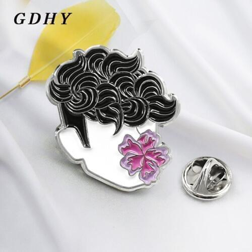 GDHY Fashion Handsome Curly Hair Boy Brooch Flower Boy Enamel Pin Flower Black White Boy Lapel Pin Backpack Badge Kids Jewelry