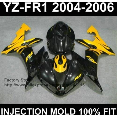 MOTOMARTS Fitment for YAMAHA YZF R1 black yellow flame fairings YZF1000 1 2004 2005 2006 YZFR 04 05 06 fairing Full injection