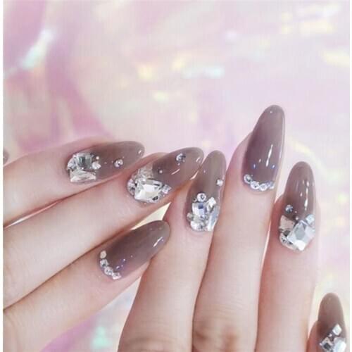 Elegant Transparent black pure color with full diamond 3d decorated false nails french 24pcs full nail tips bride fake nails