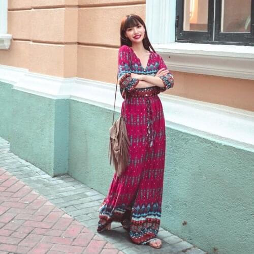2021s New Thai National Style Rayon Dress Womens Summer Bohemian Beach Resort Dress Slit