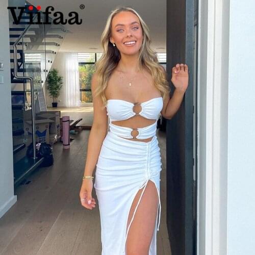 Viifaa O-Ring Detail Sexy Cut Out Bodycon Split Midi Dress for Party Women Off Shoulder Summer Beach Clubwear