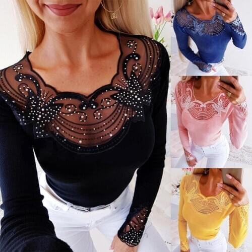 Sexy Women Long Sleeve See Through Beads Decor O Neck Waist Tight Slim Blouse Top