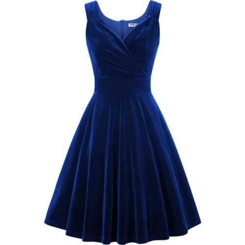 Womens Velvet Dress Elegant Fashion Solid Color Sleeveless Surplice V-Neck Flared A-Line Swing Dress Knee Length Lady Female