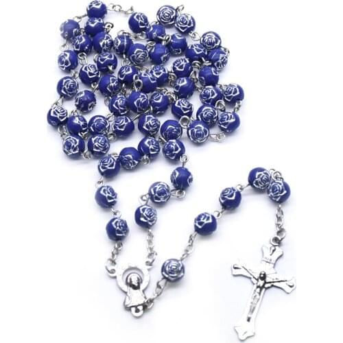 Religious Blue Flower Rose Beads Rosary Necklace Virgin Mary INRI Crucifix Christ Cross Pendant Pray Jewelry Confirmation Gifts