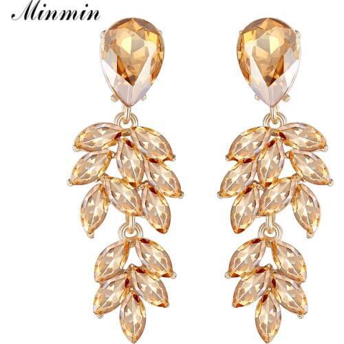 Minmin Cute Gold Color Rhinestone Dangle Earrings Leaf Shape 2019 Crystal Wedding Earrings for Bride Fashion Jewelry 2019 EH1088
