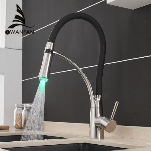 LED Kitchen Faucets with Rubber Brushed Nickel Mixer Faucet for Kitchen Single Handle Pull Down Deck Mounted Crane for Sink 7660