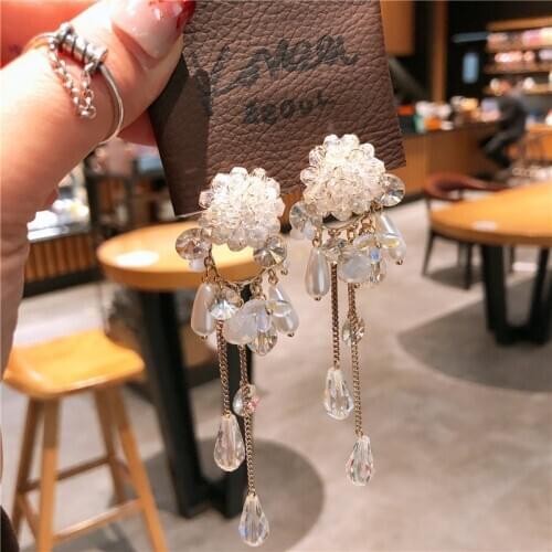 Japan Korea Exaggerated Rhinestone Crystal Big Flower Ball Earrings For Women Pearl Tassel Elegant Design Jewelry Oorbellen