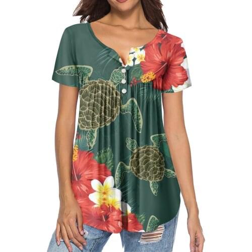 HYCOOL Polynesian Hibiscus Print Women Casual Short Sleeve Button Up Shirt And Blouses Custom Plumeria 3d Print Ladies Tops 2021